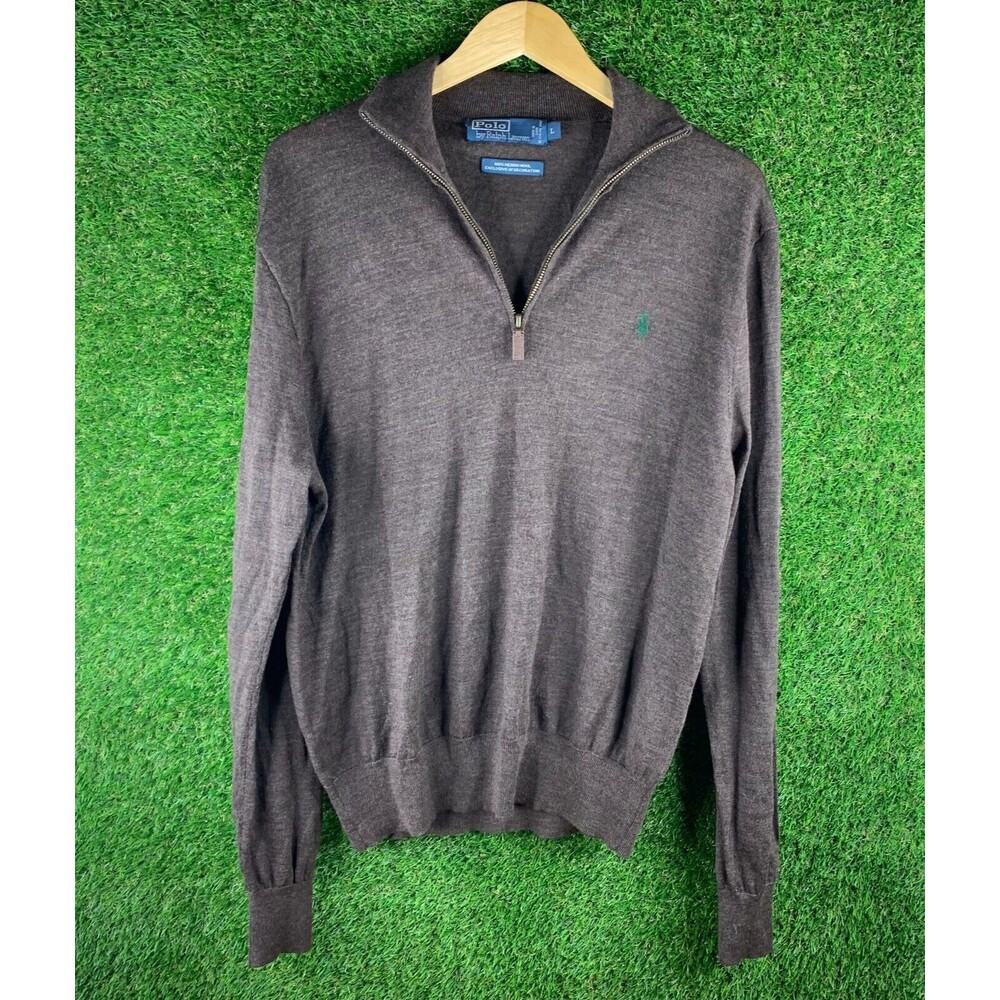 Polo Ralph Lauren Sweater Mens L Lambs Wool Brown 1/4 Zip Mock